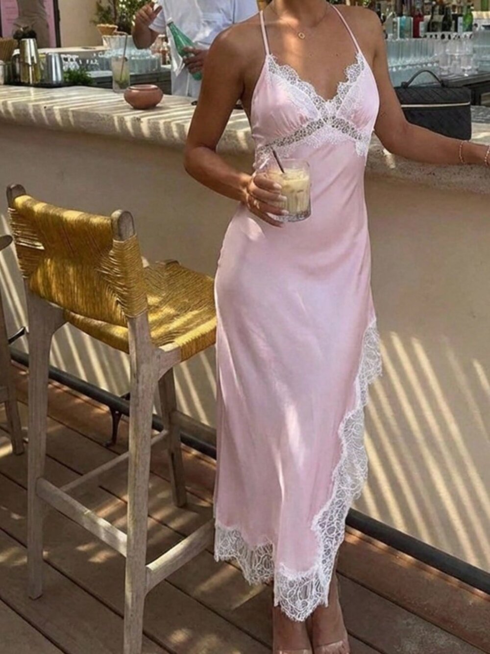 Baby Pink V-Neck Halter Tie Women's Satin Lace Dress